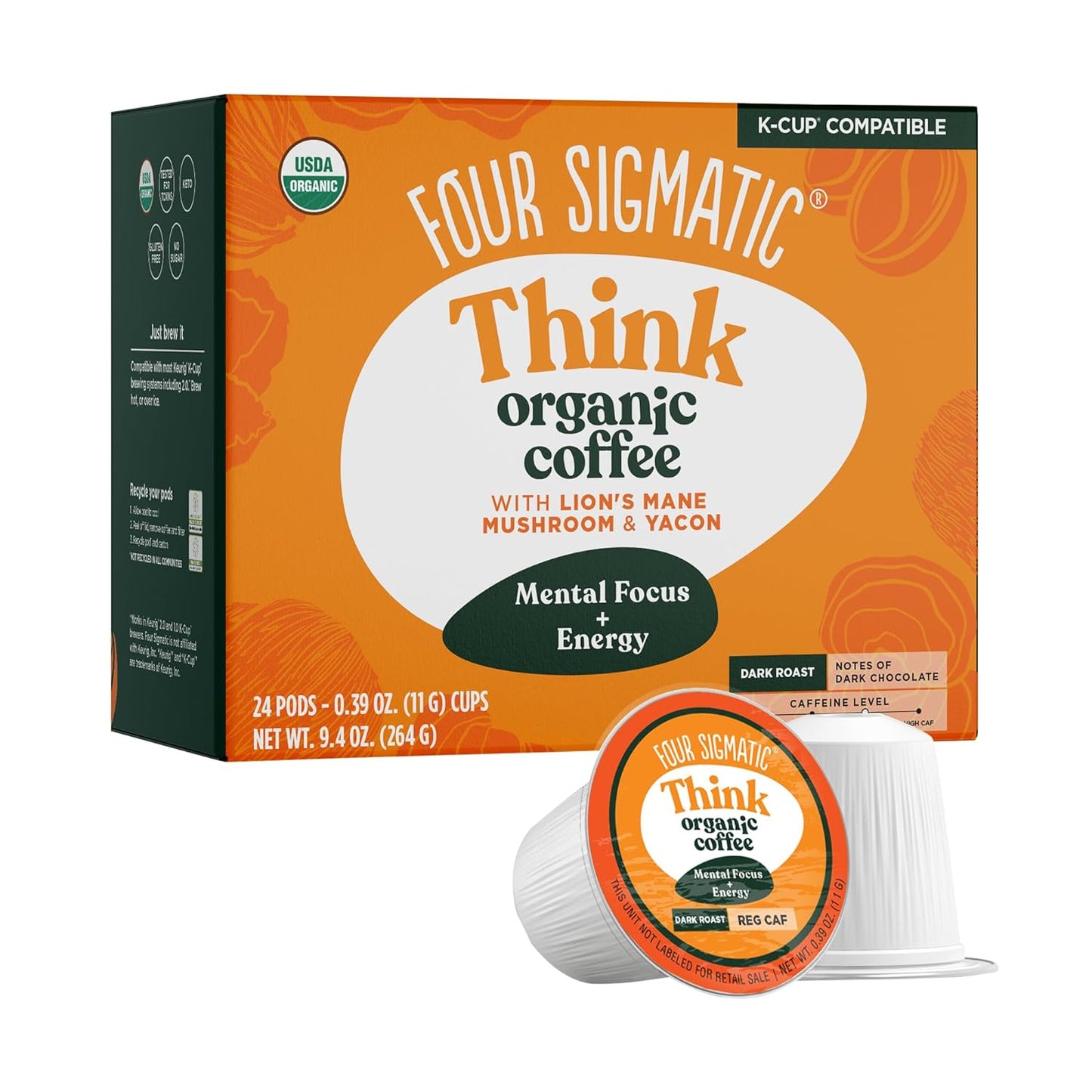 Mushroom Coffee K-Cups | Organic Dark Roast Coffee with Lion’S Mane Mushroom Powder & Yacon | Focus & Immune Support | Vegan & Keto | Sustainable Pods | 24 Count