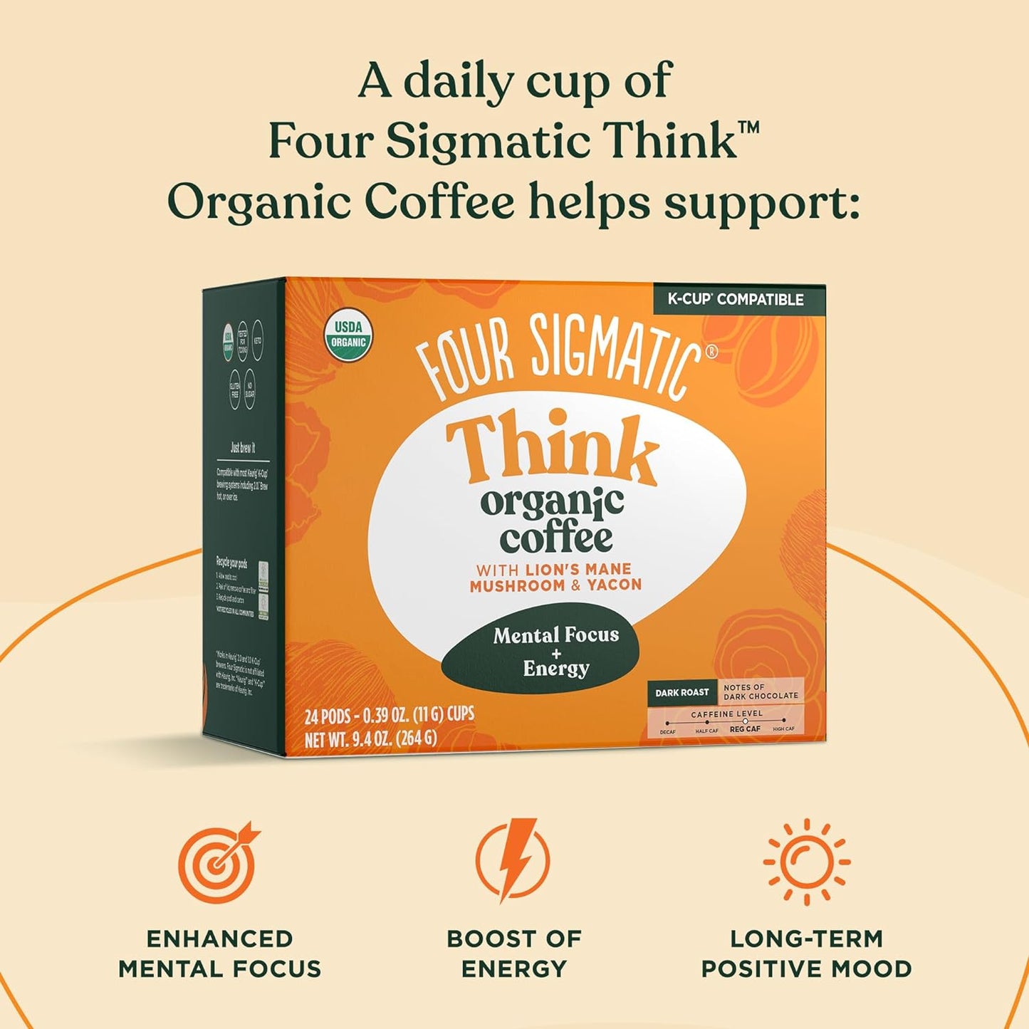 Mushroom Coffee K-Cups | Organic Dark Roast Coffee with Lion’S Mane Mushroom Powder & Yacon | Focus & Immune Support | Vegan & Keto | Sustainable Pods | 24 Count