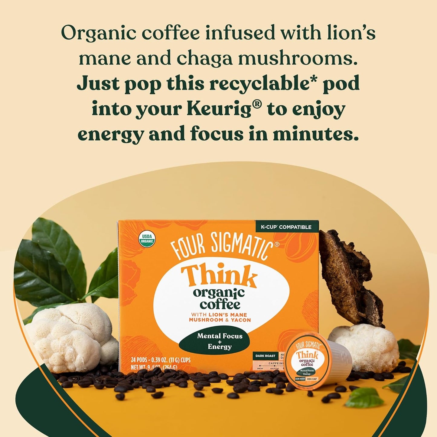 Mushroom Coffee K-Cups | Organic Dark Roast Coffee with Lion’S Mane Mushroom Powder & Yacon | Focus & Immune Support | Vegan & Keto | Sustainable Pods | 24 Count